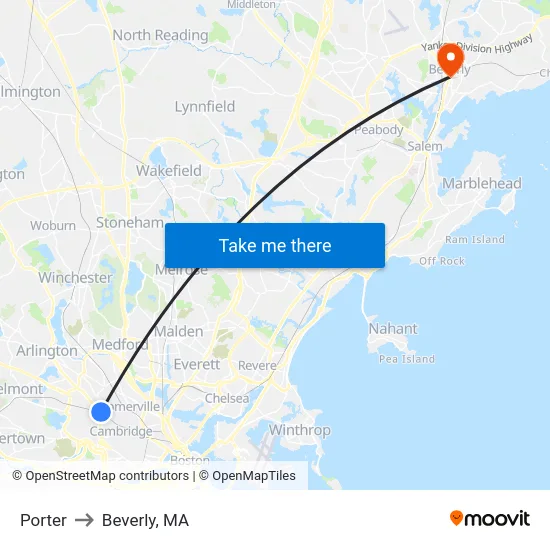 Porter to Beverly, MA map