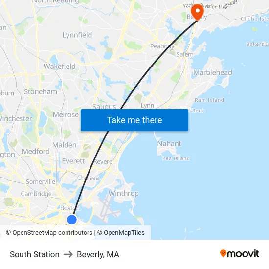 South Station to Beverly, MA map