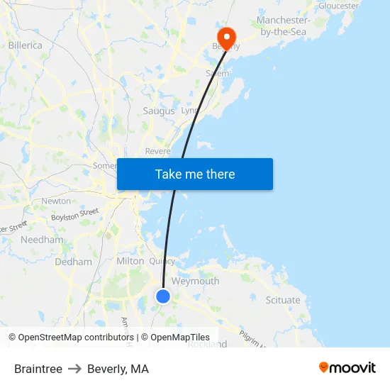 Braintree to Beverly, MA map