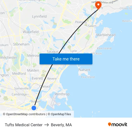 Tufts Medical Center to Beverly, MA map