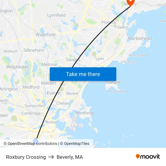 Roxbury Crossing to Beverly, MA map