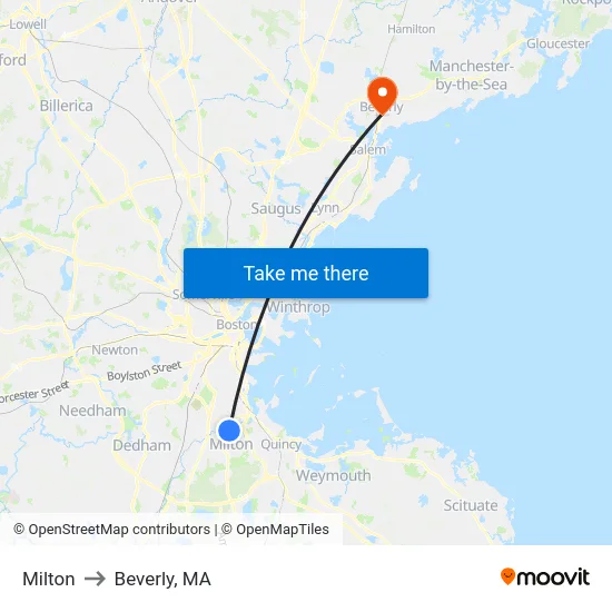 Milton to Beverly, MA map
