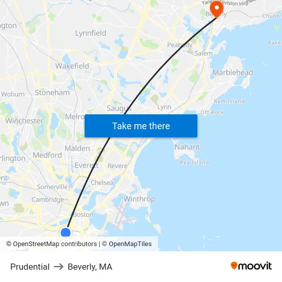 Prudential to Beverly, MA map
