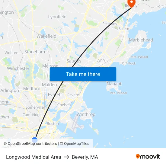 Longwood Medical Area to Beverly, MA map