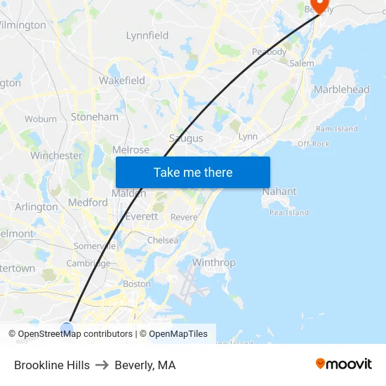 Brookline Hills to Beverly, MA map