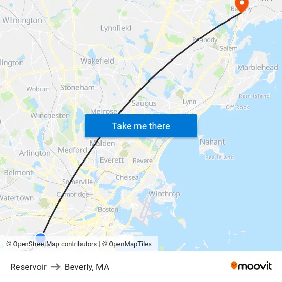 Reservoir to Beverly, MA map