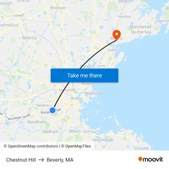 Chestnut Hill to Beverly, MA map