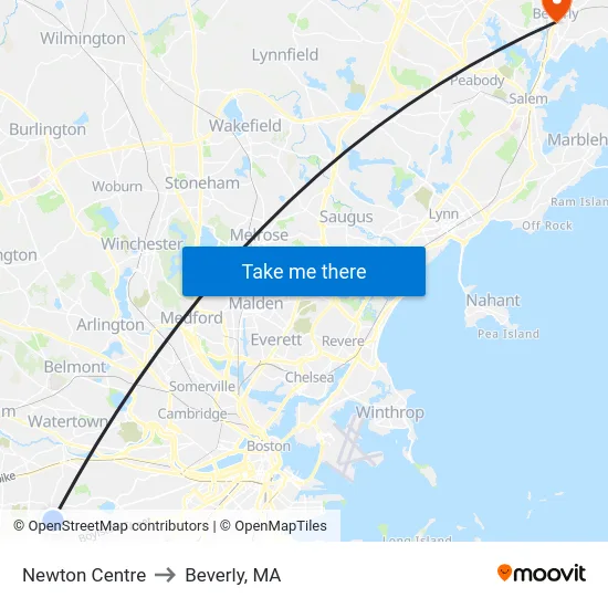 Newton Centre to Beverly, MA map