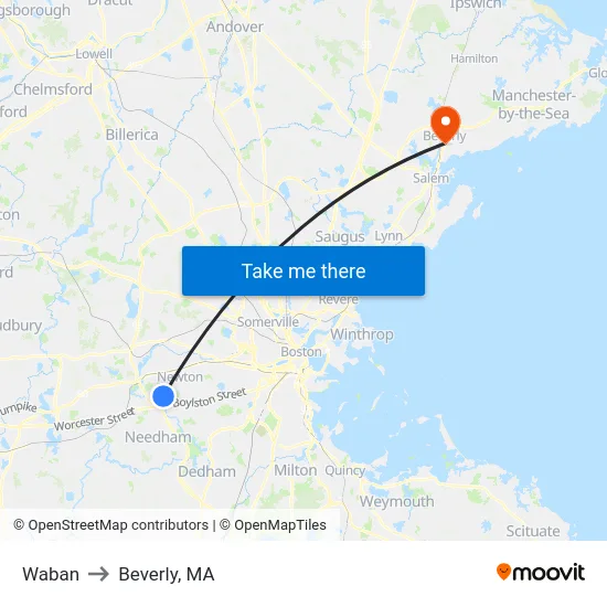 Waban to Beverly, MA map