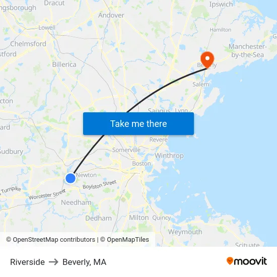 Riverside to Beverly, MA map