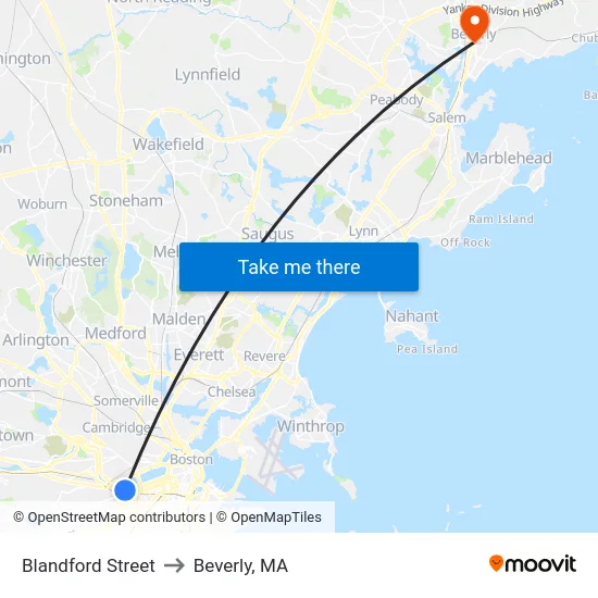 Blandford Street to Beverly, MA map