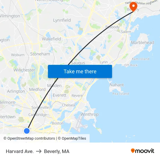 Harvard Ave. to Beverly, MA map