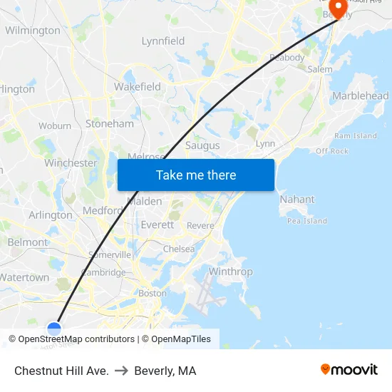 Chestnut Hill Ave. to Beverly, MA map