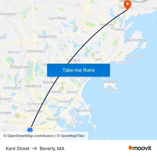 Kent Street to Beverly, MA map
