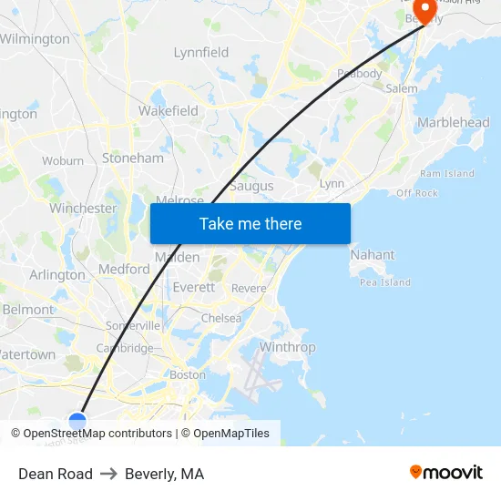 Dean Road to Beverly, MA map