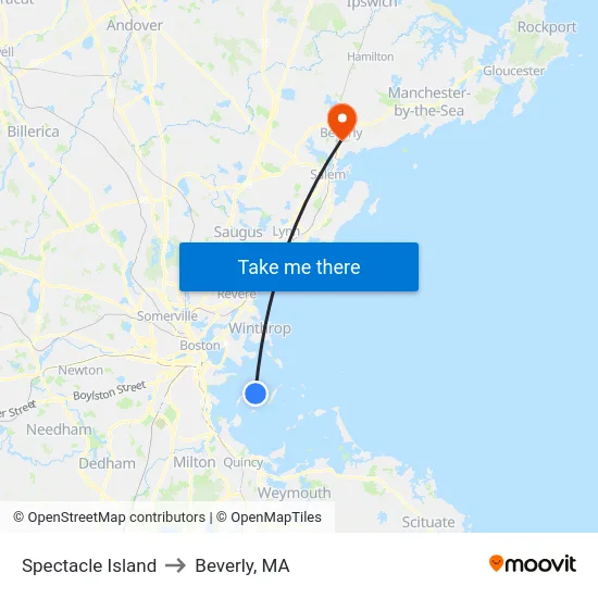 Spectacle Island to Beverly, MA map
