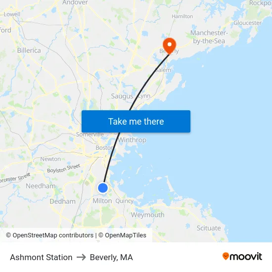 Ashmont Station to Beverly, MA map