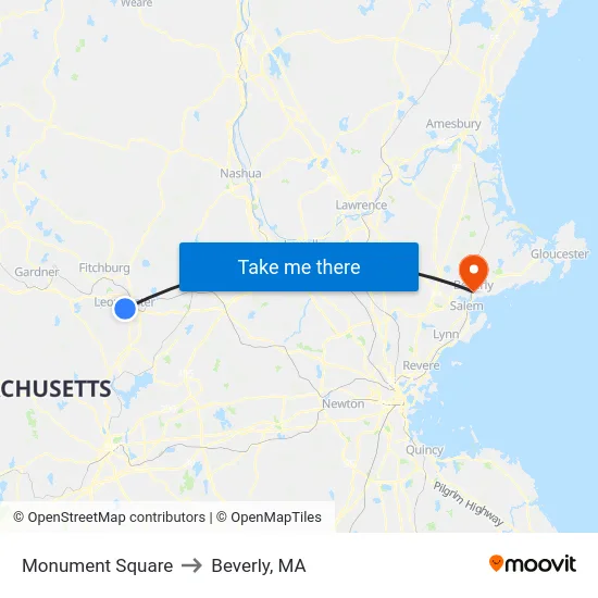 Monument Square to Beverly, MA map