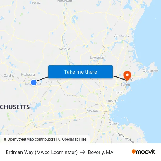 Erdman Way (Mwcc Leominster) to Beverly, MA map