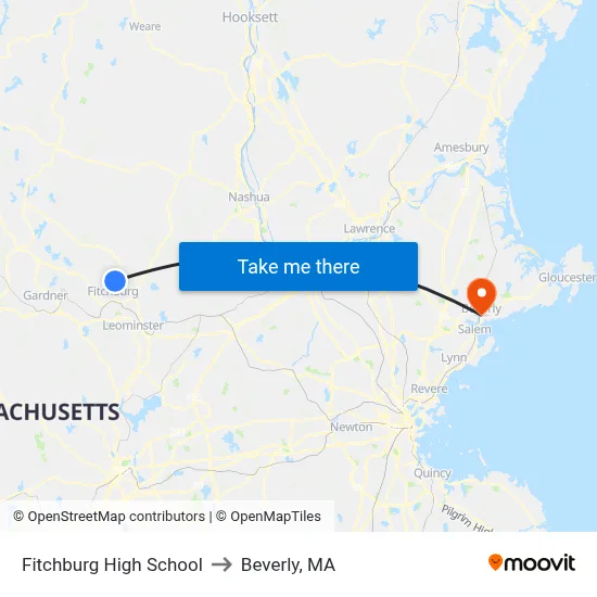 Fitchburg High School to Beverly, MA map