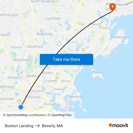 Boston Landing to Beverly, MA map