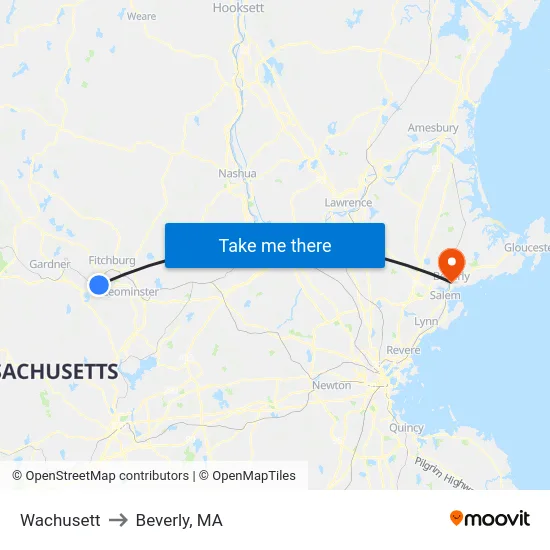 Wachusett to Beverly, MA map