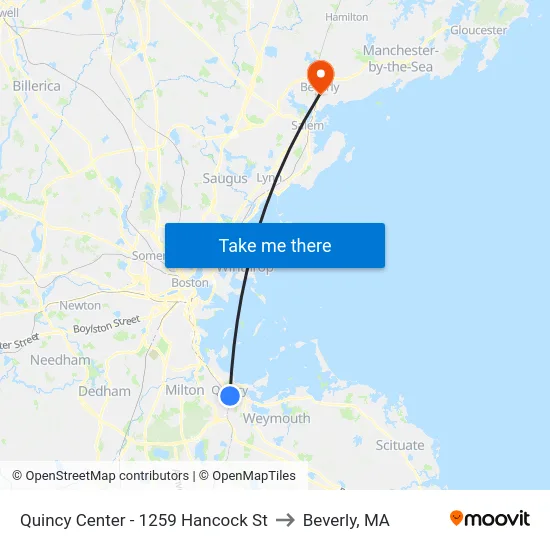 Quincy Center - 1259 Hancock St to Beverly, MA map