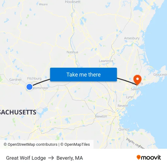 Great Wolf Lodge to Beverly, MA map