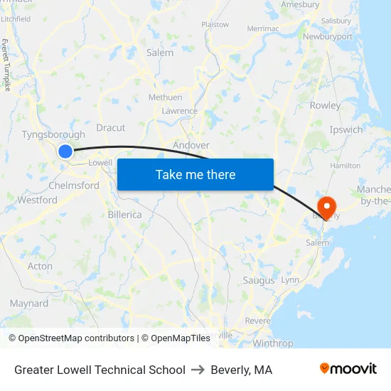 Greater Lowell Technical School to Beverly, MA map
