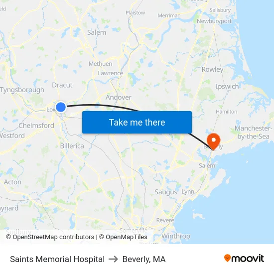 Saints Memorial Hospital to Beverly, MA map