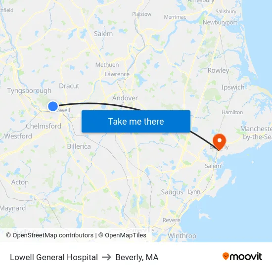 Lowell General Hospital to Beverly, MA map
