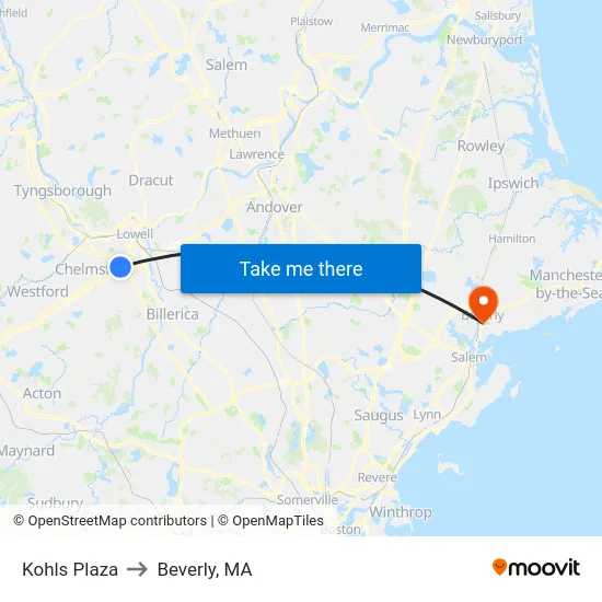 Kohls Plaza to Beverly, MA map