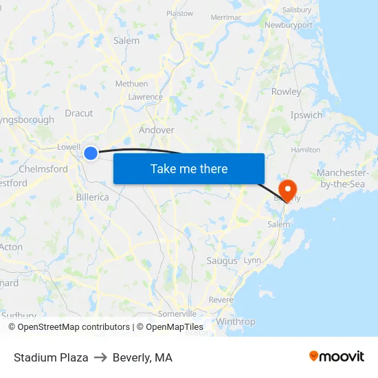 Stadium Plaza to Beverly, MA map