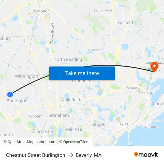 Chestnut Street Burlington to Beverly, MA map