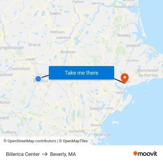 Billerica Center to Beverly, MA map