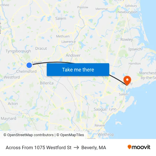 Across From 1075 Westford St to Beverly, MA map