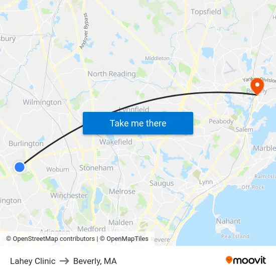 Lahey Clinic to Beverly, MA map