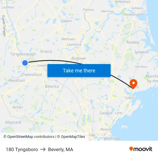 180 Tyngsboro to Beverly, MA map