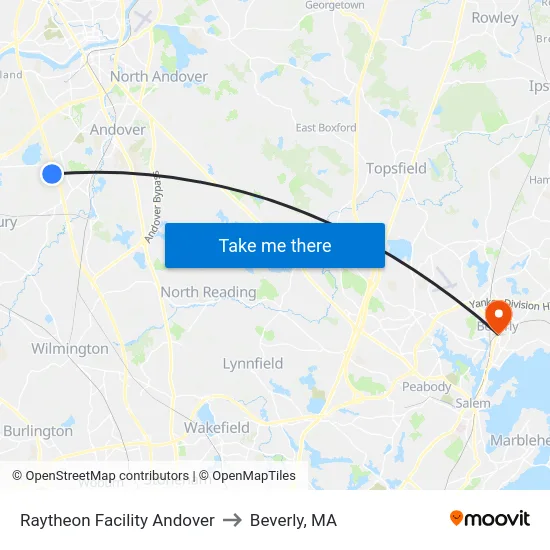 Raytheon Facility Andover to Beverly, MA map