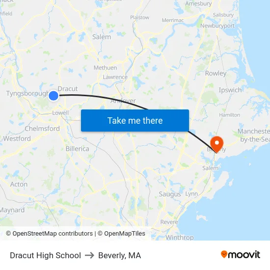 Dracut High School to Beverly, MA map