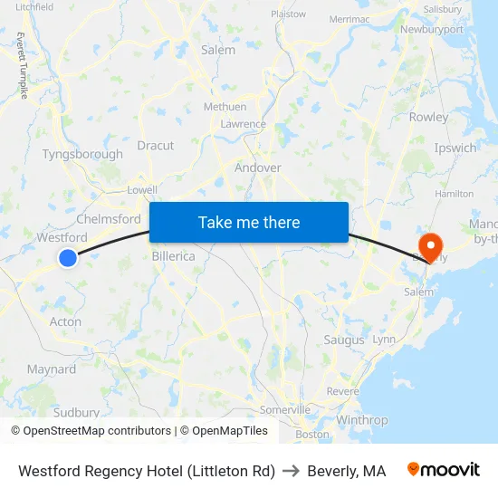 Westford Regency Hotel (Littleton Rd) to Beverly, MA map