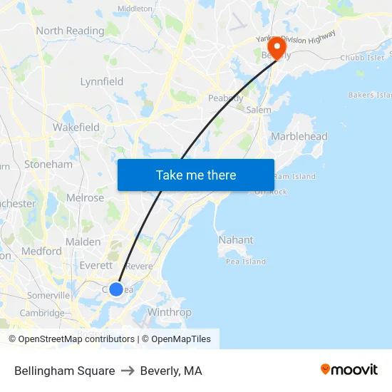 Bellingham Square to Beverly, MA map