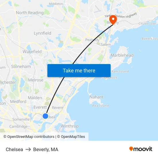 Chelsea to Beverly, MA map