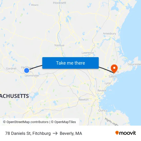 78 Daniels St, Fitchburg to Beverly, MA map