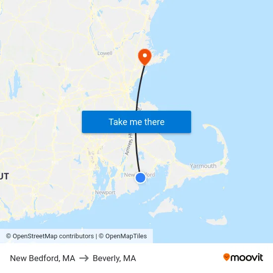 New Bedford, MA to Beverly, MA map