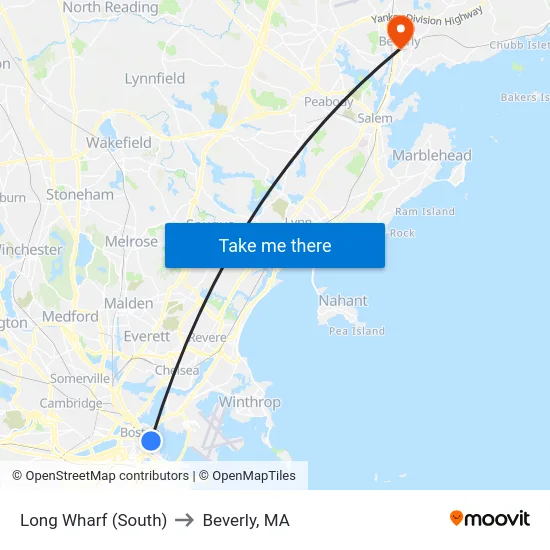 Long Wharf (South) to Beverly, MA map