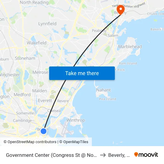 Government Center (Congress St @ North St) to Beverly, MA map