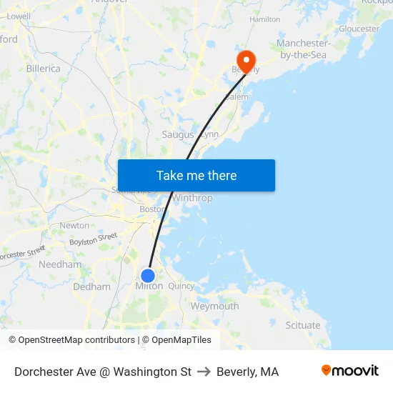 Dorchester Ave @ Washington St to Beverly, MA map