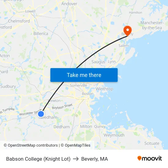 Babson College (Knight Lot) to Beverly, MA map
