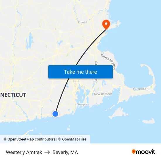 Westerly Amtrak to Beverly, MA map